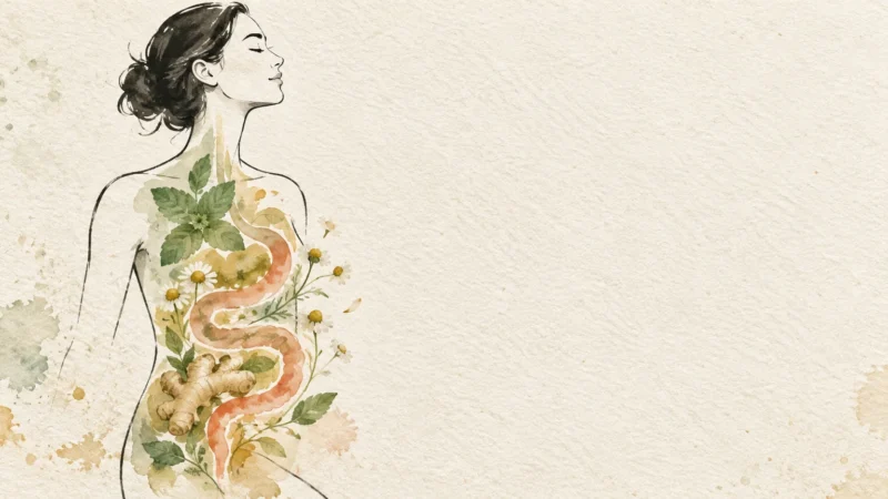 Watercolor sketch of a woman's torso filled with digestive tract illustrations, mint leaves, chamomile flowers, and ginger.
