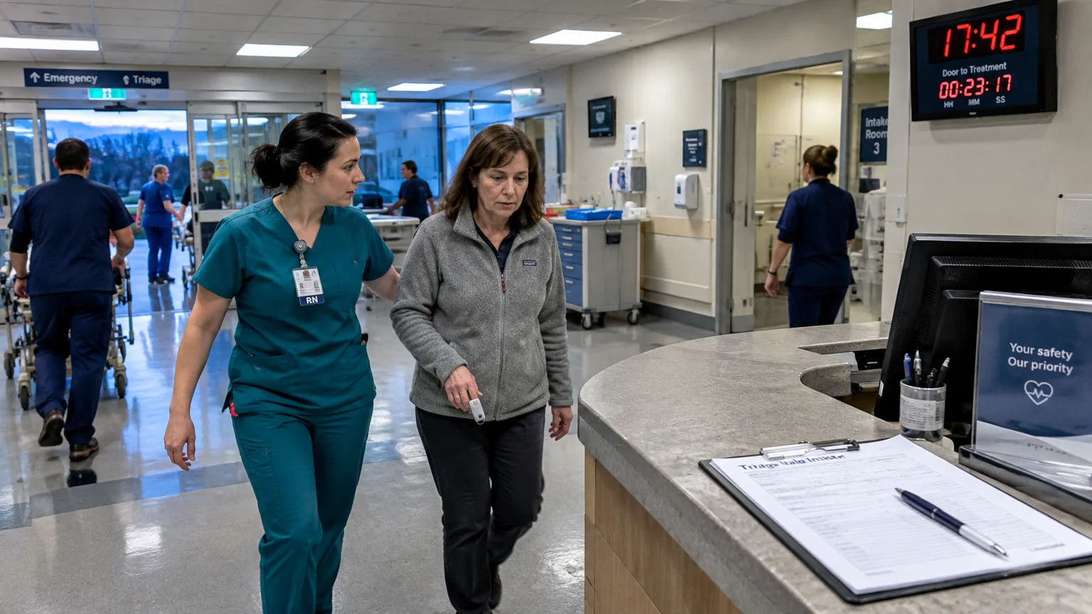 Nurse in teal scrubs guiding a woman through a busy hospital emergency room past a triage reception counter.
