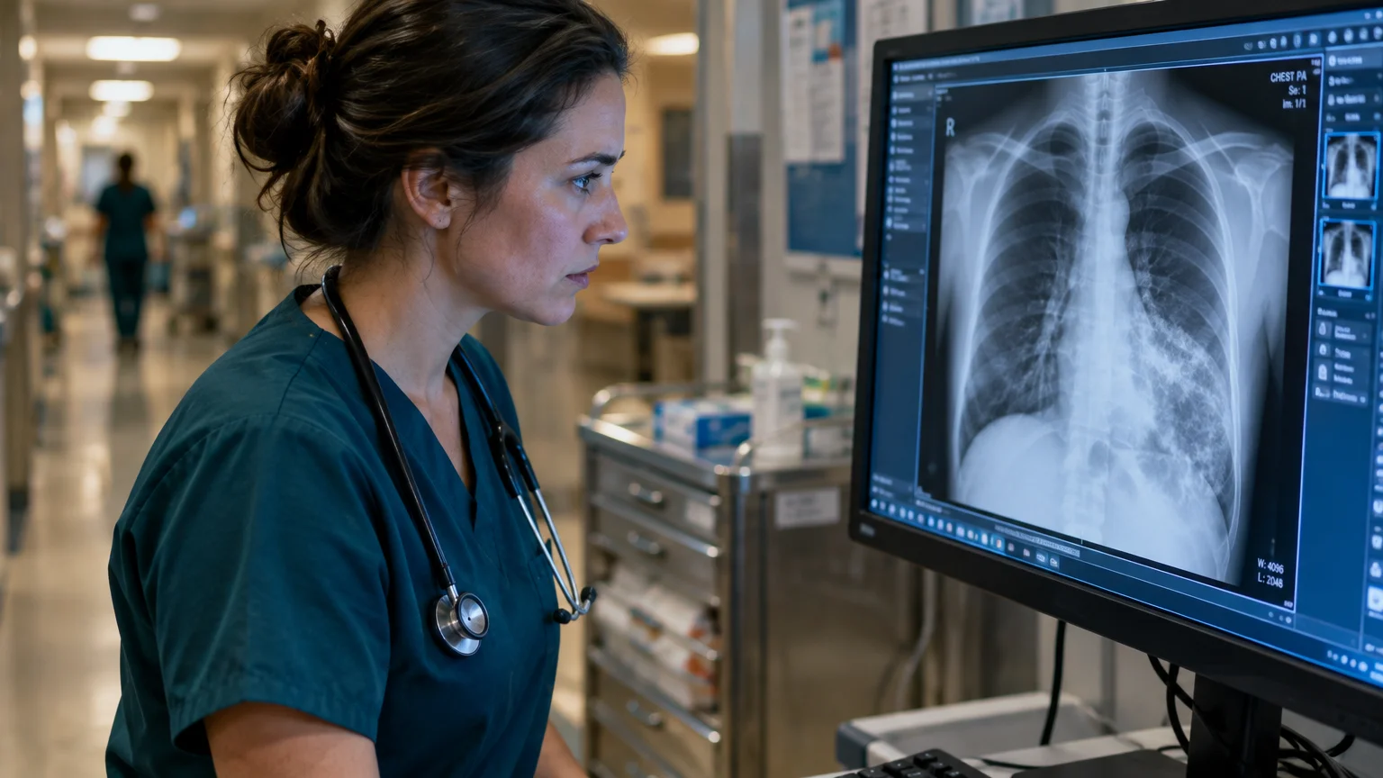Doctor in green scrubs with a stethoscope around her neck looking at a chest X-ray on a computer monitor in a hospital.