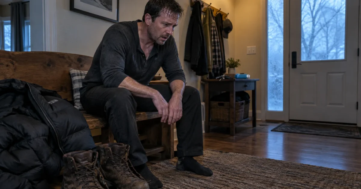 Exhausted, sweating man in dark clothes sitting on a wooden entryway bench next to work boots and a winter coat.