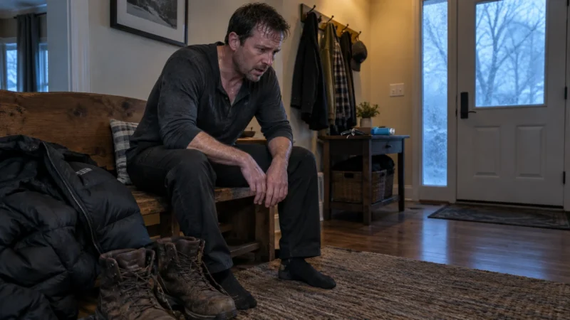 Exhausted, sweating man in dark clothes sitting on a wooden entryway bench next to work boots and a winter coat.