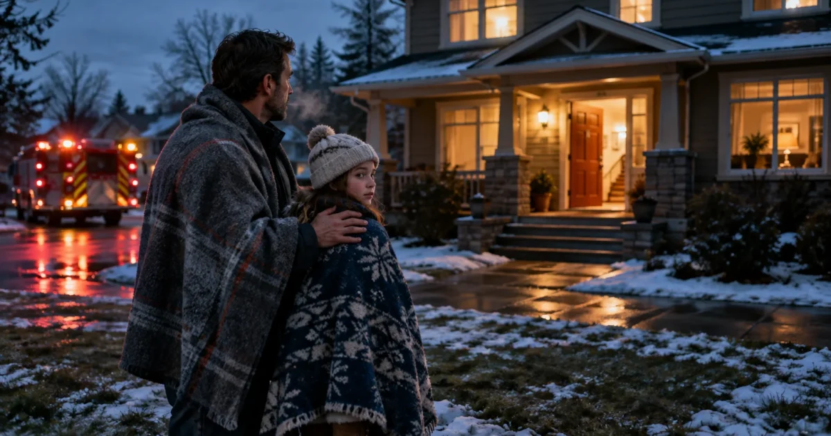 A man and child wrapped in blankets stand on a snowy front lawn outside a lit house near a parked fire truck.