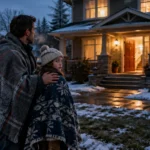 A man and child wrapped in blankets stand on a snowy front lawn outside a lit house near a parked fire truck.