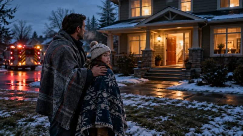 A man and child wrapped in blankets stand on a snowy front lawn outside a lit house near a parked fire truck.