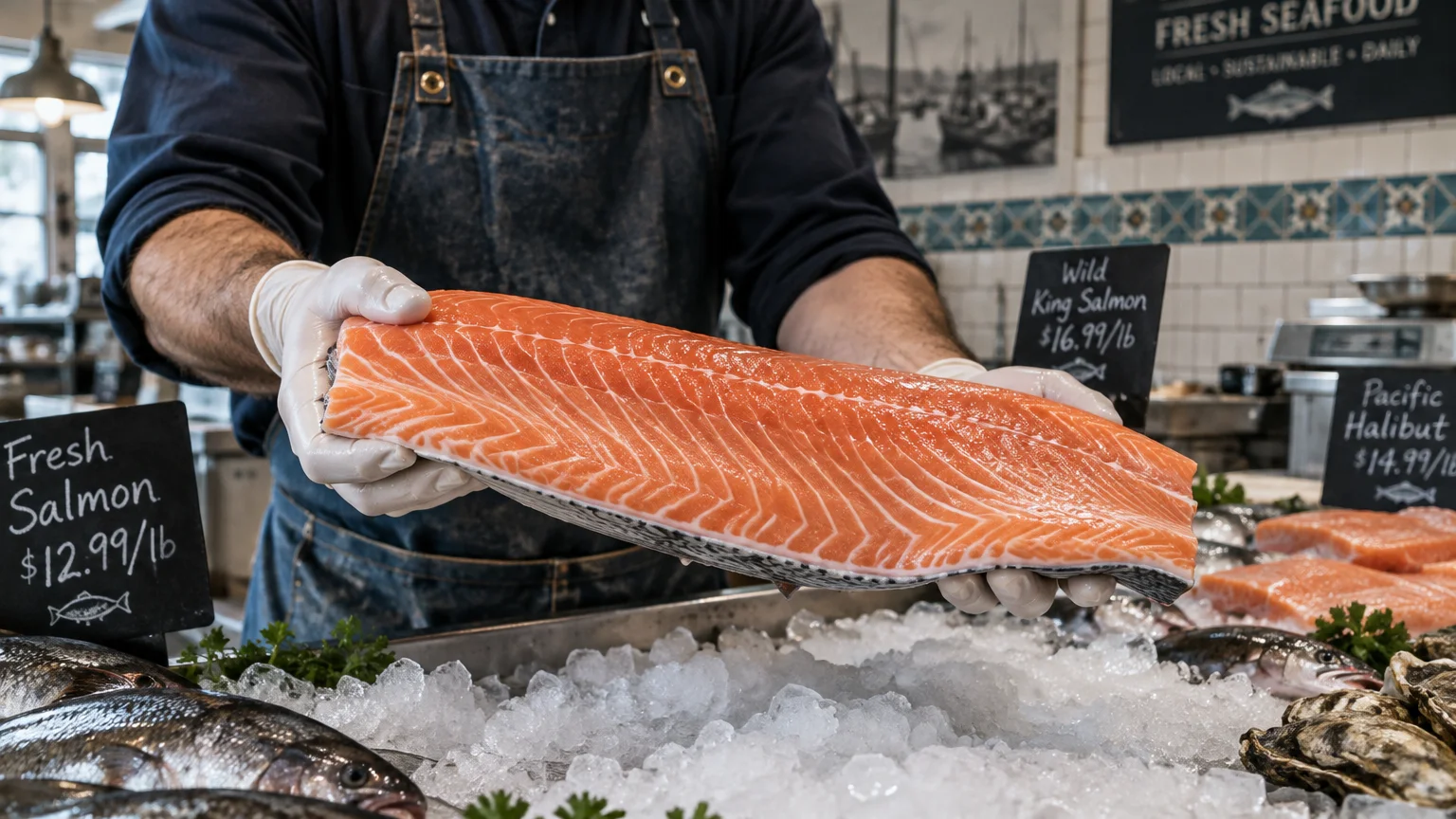 A fishmonger wearing gloves holds up a large, fresh raw salmon fillet over an iced seafood display counter.