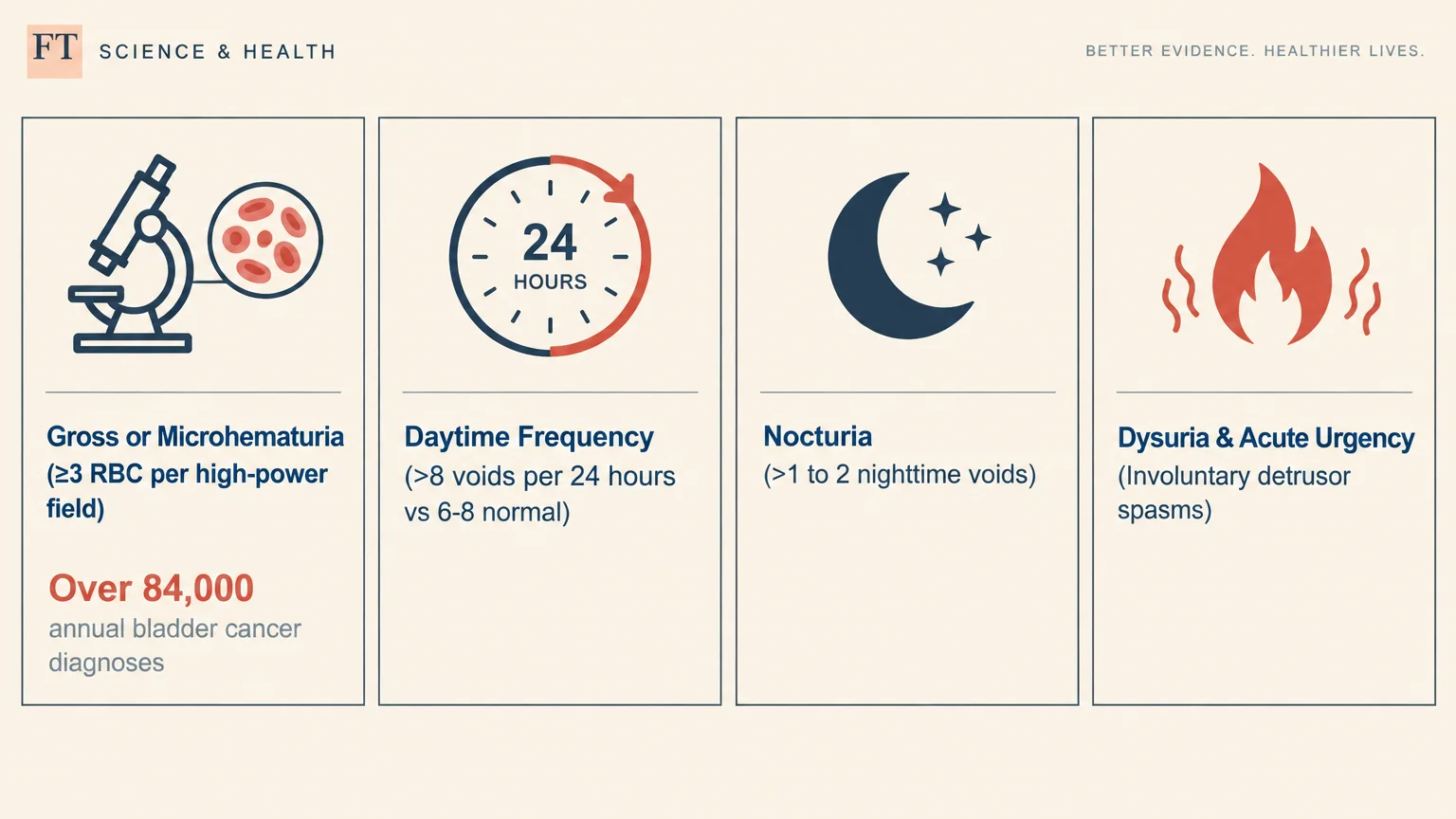 Four-panel infographic detailing urinary symptoms: hematuria with bladder cancer stats, daytime frequency, nocturia, and dysuria.