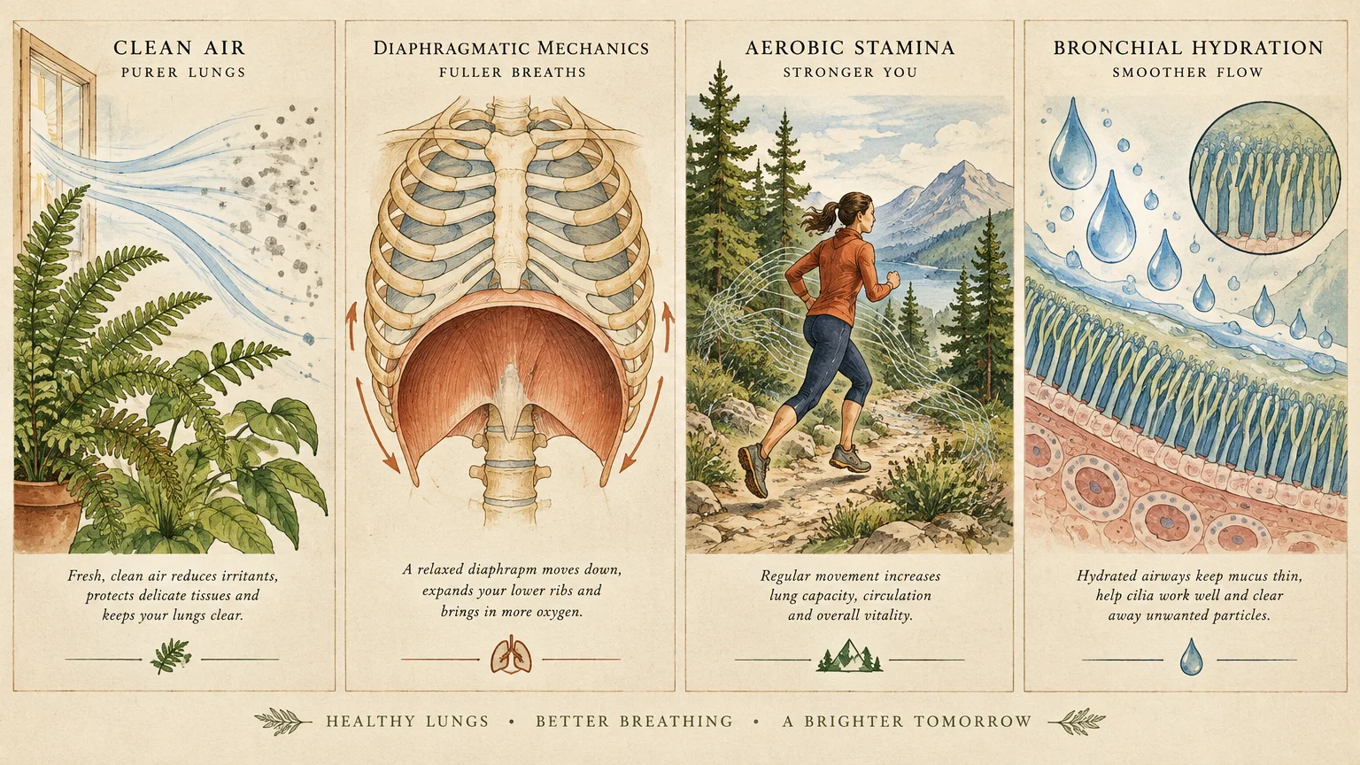 Four-panel illustration depicting clean air with plants, rib cage mechanics, a runner outdoors, and airway hydration.