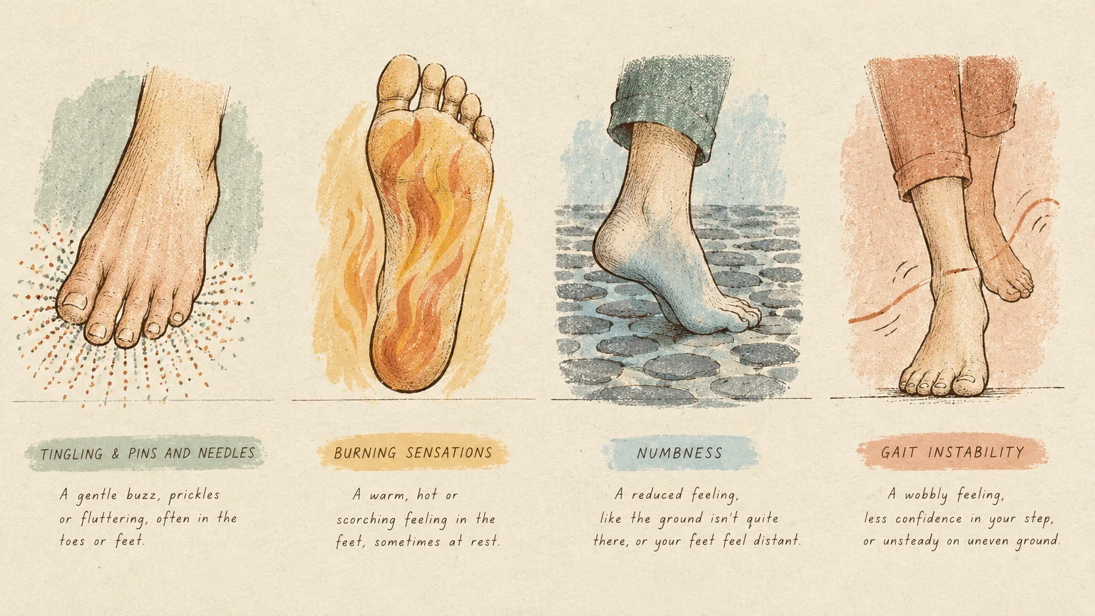 Four illustrated panels depicting foot neuropathy symptoms: tingling, burning sensations, numbness, and gait instability.