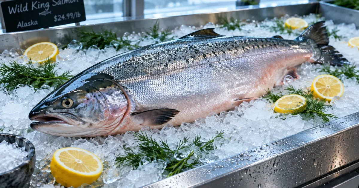 Whole wild king salmon resting on crushed ice with lemon slices and dill sprigs in a metal seafood display tray.