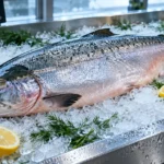 Whole wild king salmon resting on crushed ice with lemon slices and dill sprigs in a metal seafood display tray.