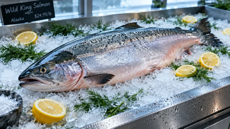 Whole wild king salmon resting on crushed ice with lemon slices and dill sprigs in a metal seafood display tray.