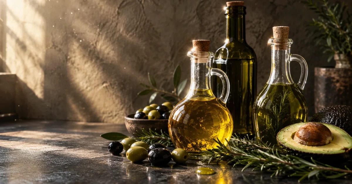 Glass bottles of cooking oil beside olives, fresh rosemary sprigs, and a sliced avocado on a dark stone counter.