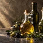 Glass bottles of cooking oil beside olives, fresh rosemary sprigs, and a sliced avocado on a dark stone counter.