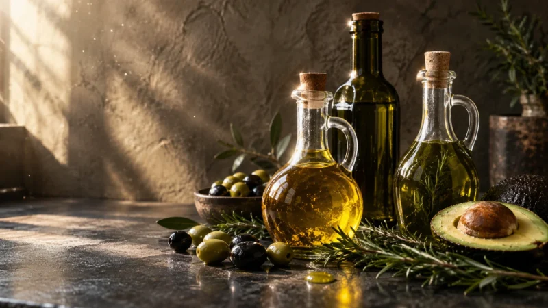 Glass bottles of cooking oil beside olives, fresh rosemary sprigs, and a sliced avocado on a dark stone counter.