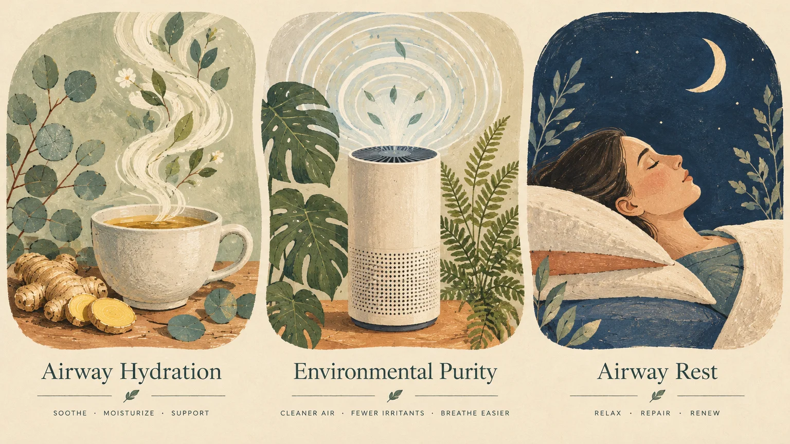 Triptych illustration depicting herbal tea, an air purifier among houseplants, and a woman sleeping on propped pillows.
