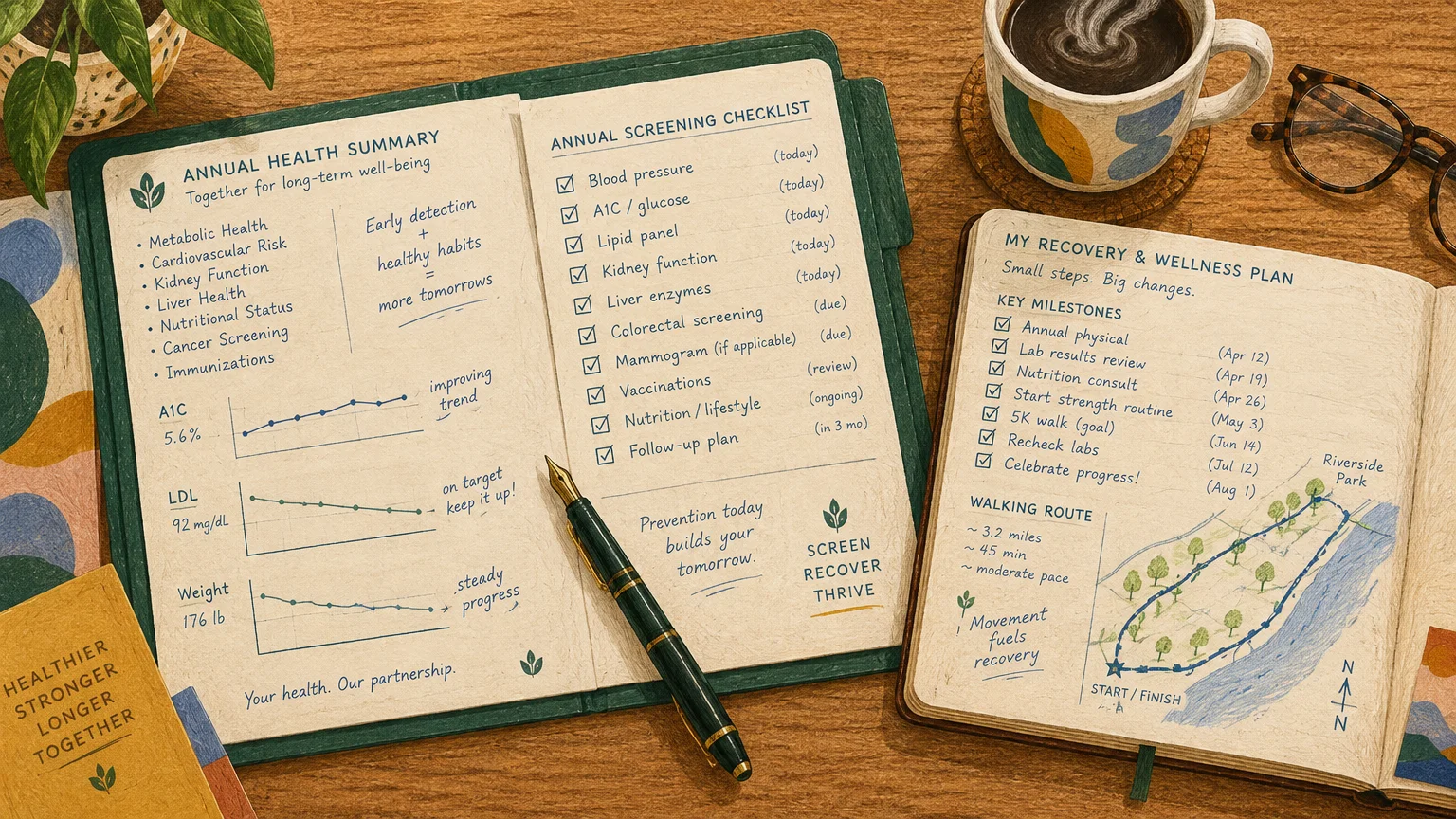 Open health journal with screening checklists and charts on a wooden desk beside coffee, a pen, and glasses.
