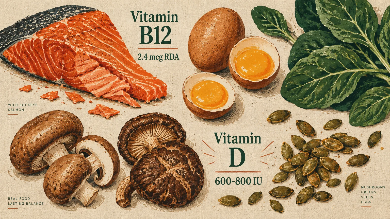 Illustration of salmon, cracked eggs, mushrooms, pumpkin seeds, and leafy greens labeled with vitamin B12 and D.