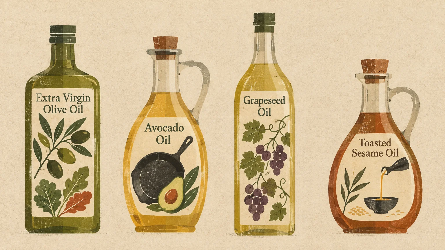 Illustration of four glass bottles containing extra virgin olive oil, avocado oil, grapeseed oil, and toasted sesame oil.