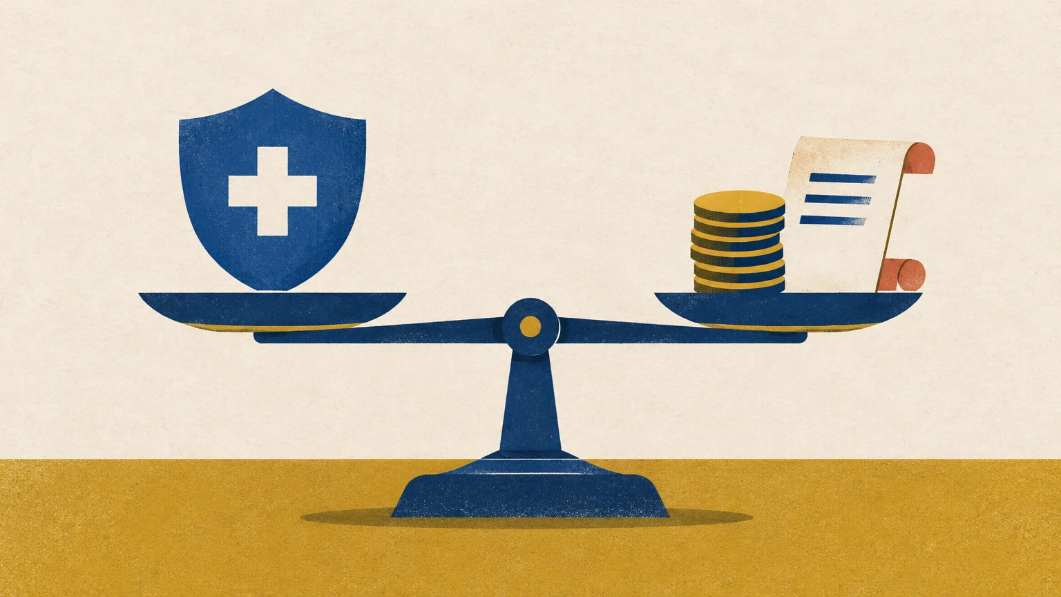 A balanced blue scale holds a medical cross shield on the left and stacked gold coins with a paper document on the right.