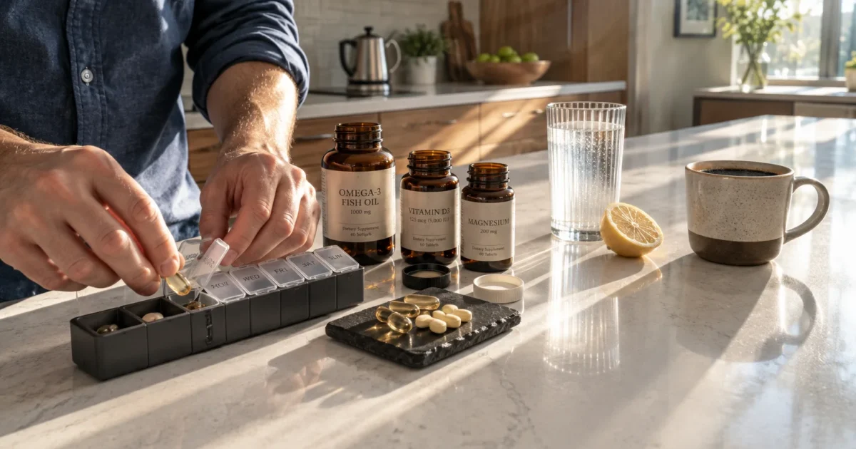 Person filling a weekly pill organizer next to supplement bottles, pills on a slate, water, and coffee on a kitchen counter.