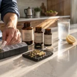 Person filling a weekly pill organizer next to supplement bottles, pills on a slate, water, and coffee on a kitchen counter.
