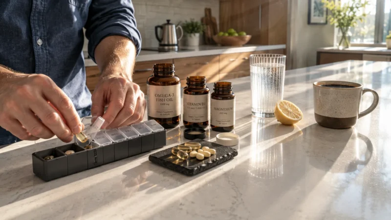 Person filling a weekly pill organizer next to supplement bottles, pills on a slate, water, and coffee on a kitchen counter.