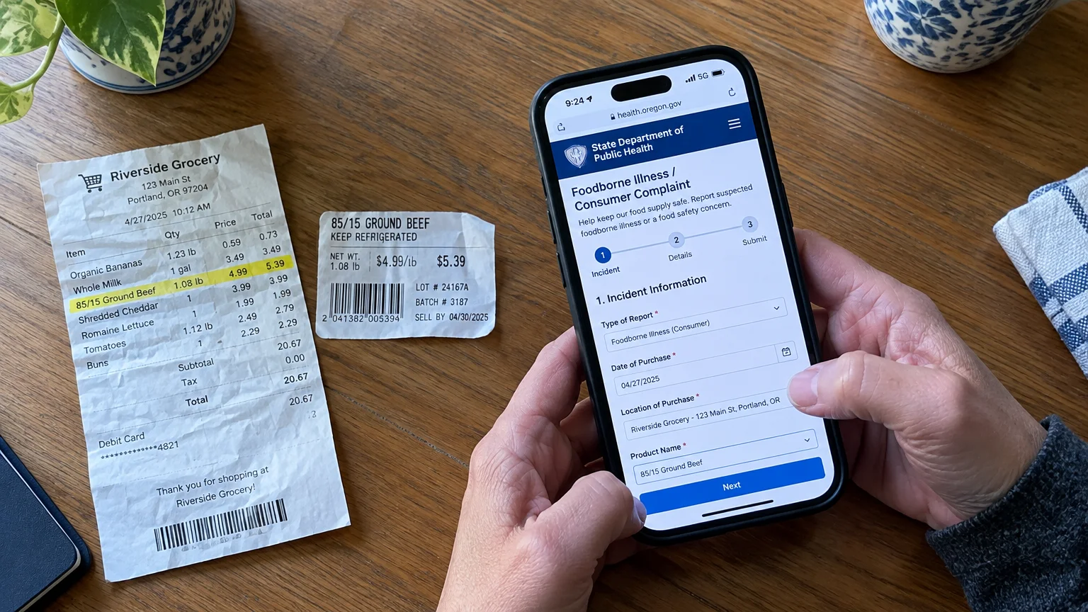 Person filling out an online foodborne illness complaint on a smartphone beside a grocery receipt and ground beef label.