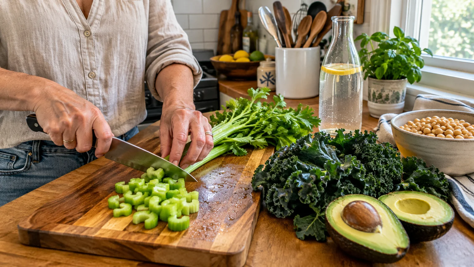 Person chopping fresh celery on a wooden cutting board next to kale, halved avocados, chickpeas, and a water carafe.