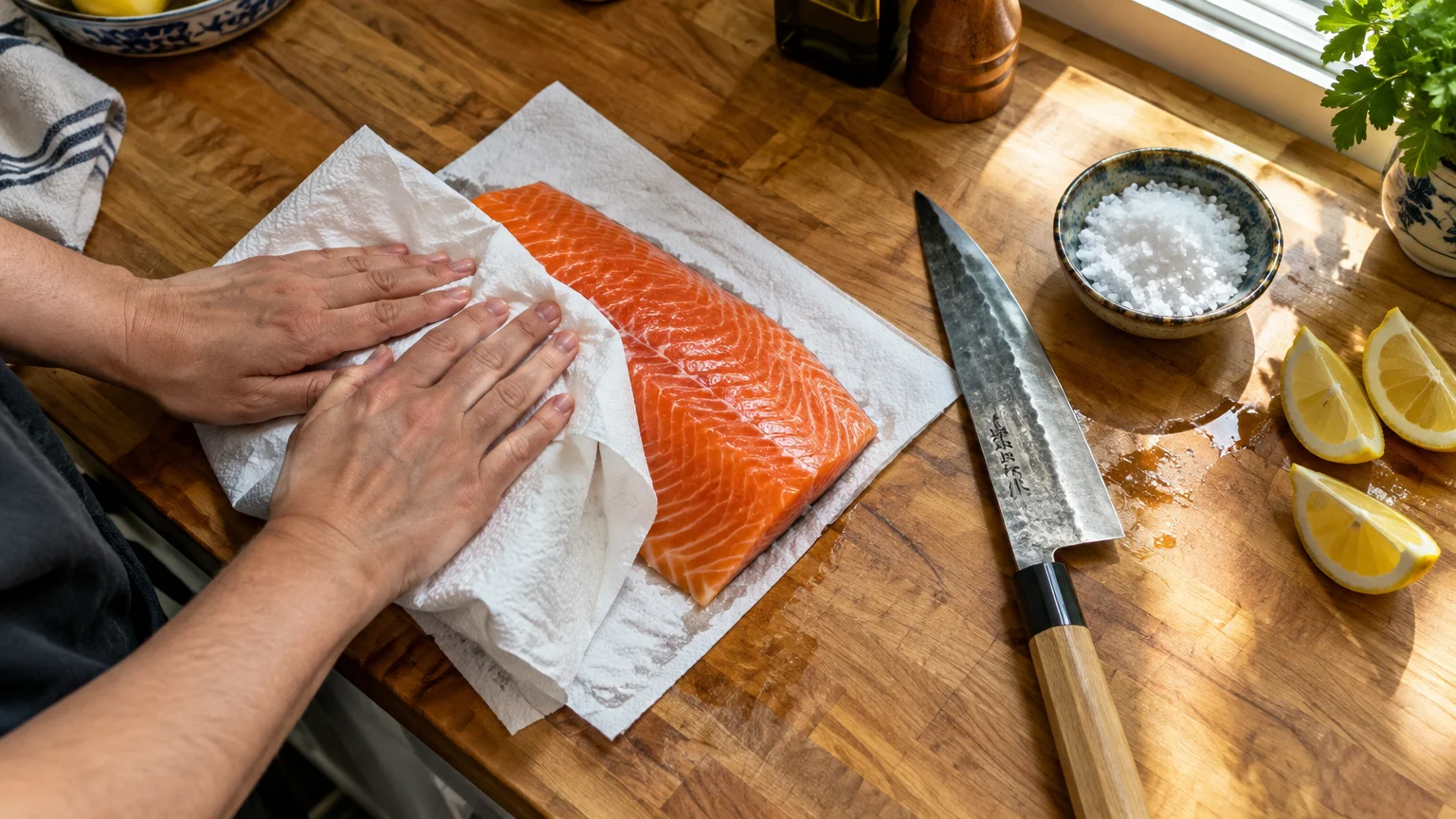 Hands patting a raw salmon fillet dry with paper towels on a wooden board next to a chef's knife, salt, and lemons.