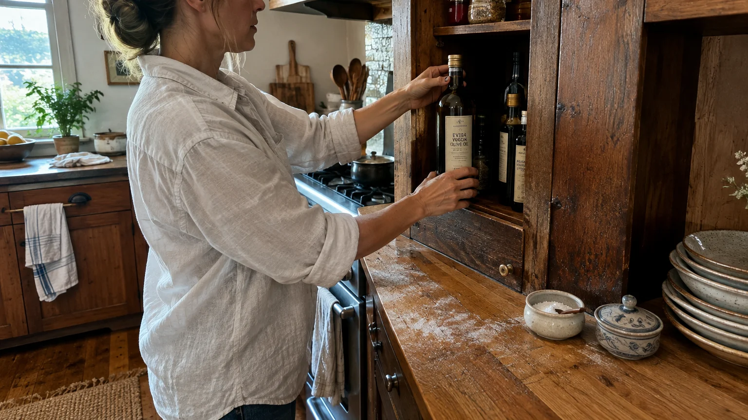 A woman placing a glass bottle of extra virgin olive oil inside a rustic wooden kitchen cupboard.