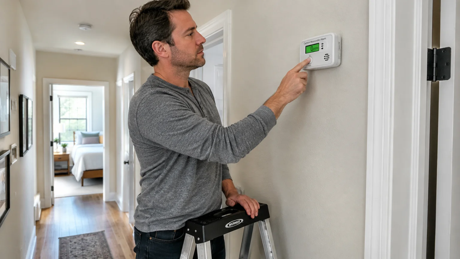 A man standing on a step ladder presses a button on a wall-mounted digital carbon monoxide alarm reading 0 ppm.