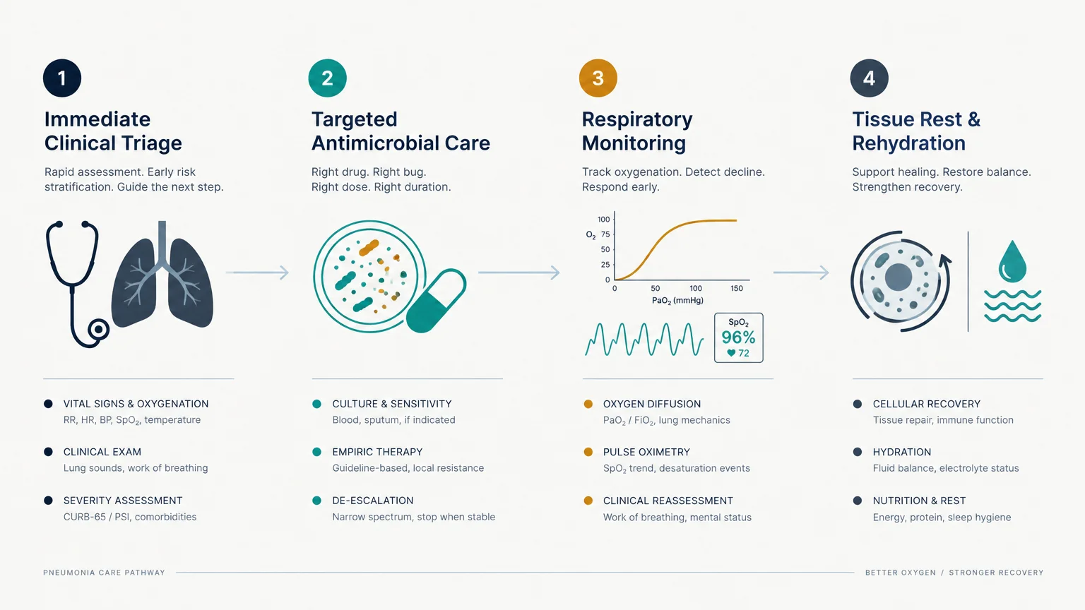 Diagram detailing four stages of pneumonia care: clinical triage, antimicrobial care, monitoring, and tissue recovery.