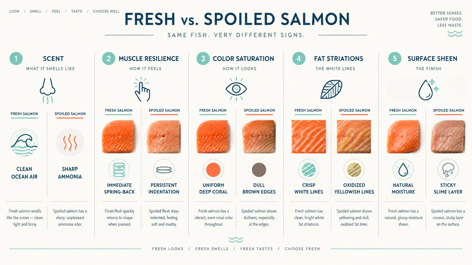 Infographic comparing fresh and spoiled salmon across five sensory indicators: scent, resilience, color, fat lines, and sheen.