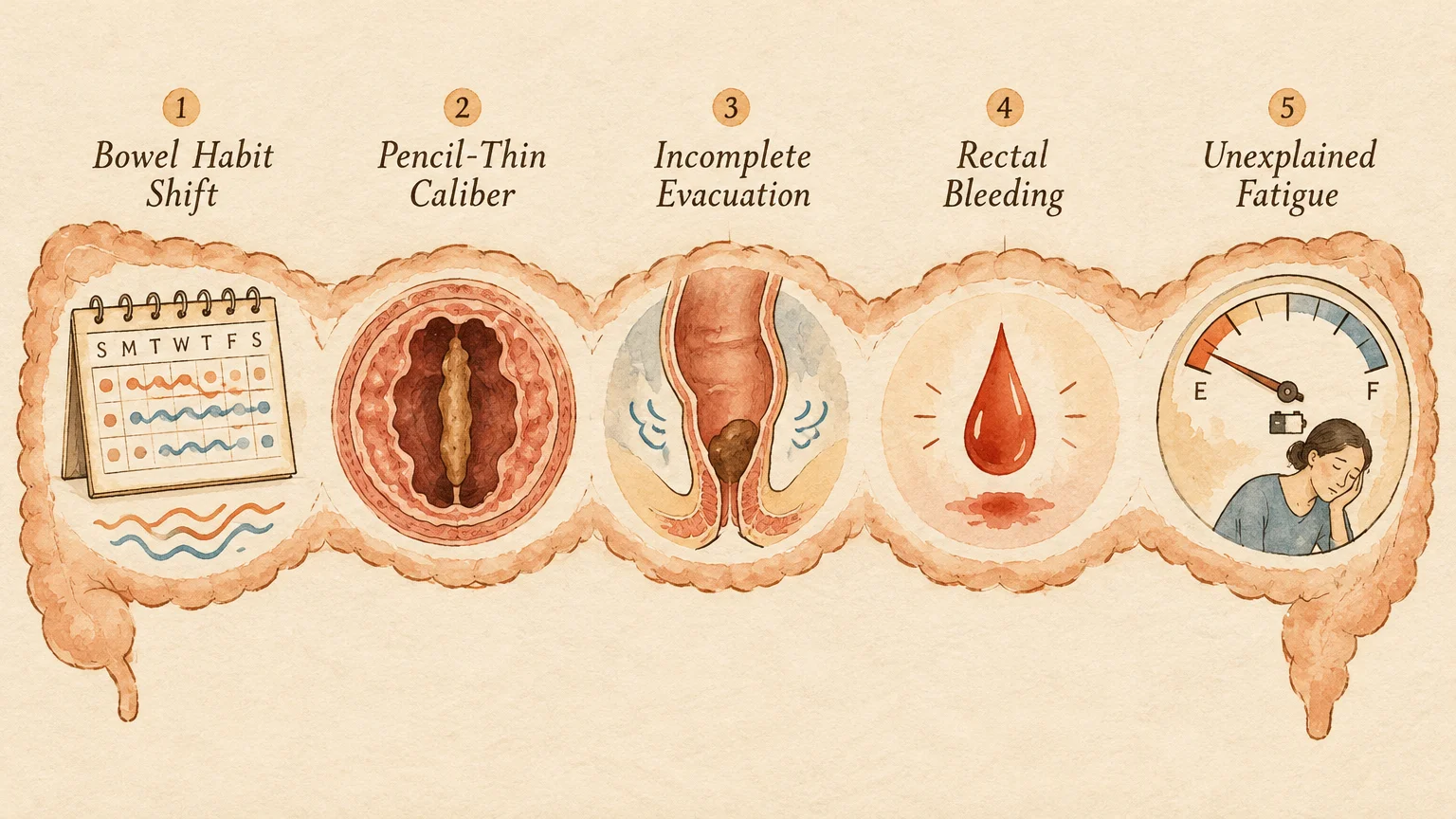 Diagram of five colon cancer signs: bowel habit shift, pencil-thin caliber, incomplete evacuation, bleeding, and fatigue.