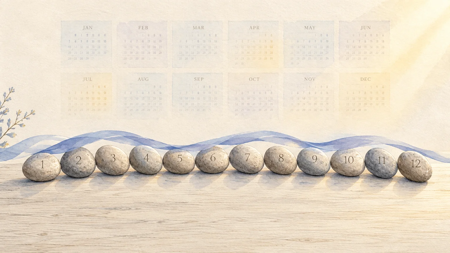 Twelve numbered stones sit in a row before a calendar showing all twelve months, with a blue ribbon flowing over them.