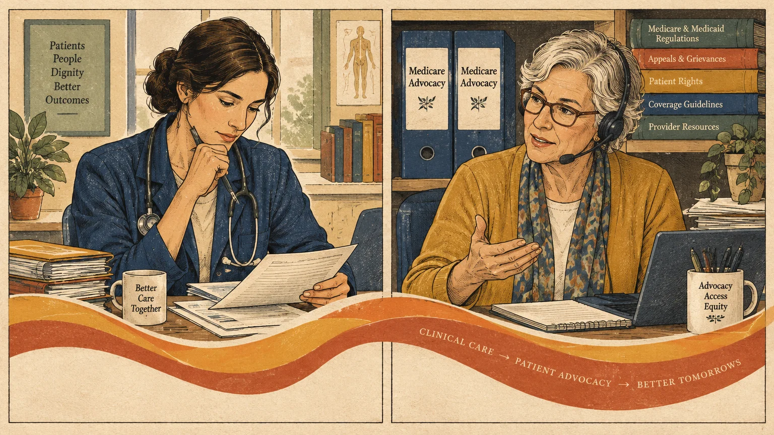 Split illustration of a doctor reviewing paperwork at a desk and a patient advocate with a headset near binders and a laptop.