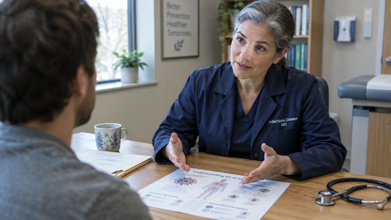 An infectious disease doctor speaks with a patient across a clinic desk displaying a medical diagram.