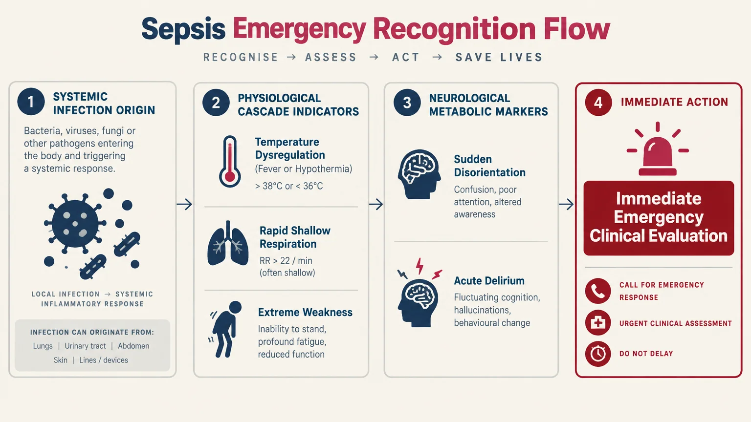 Four-step diagram showing sepsis emergency flow: systemic origin, physiological indicators, neurological markers, and immediate action.