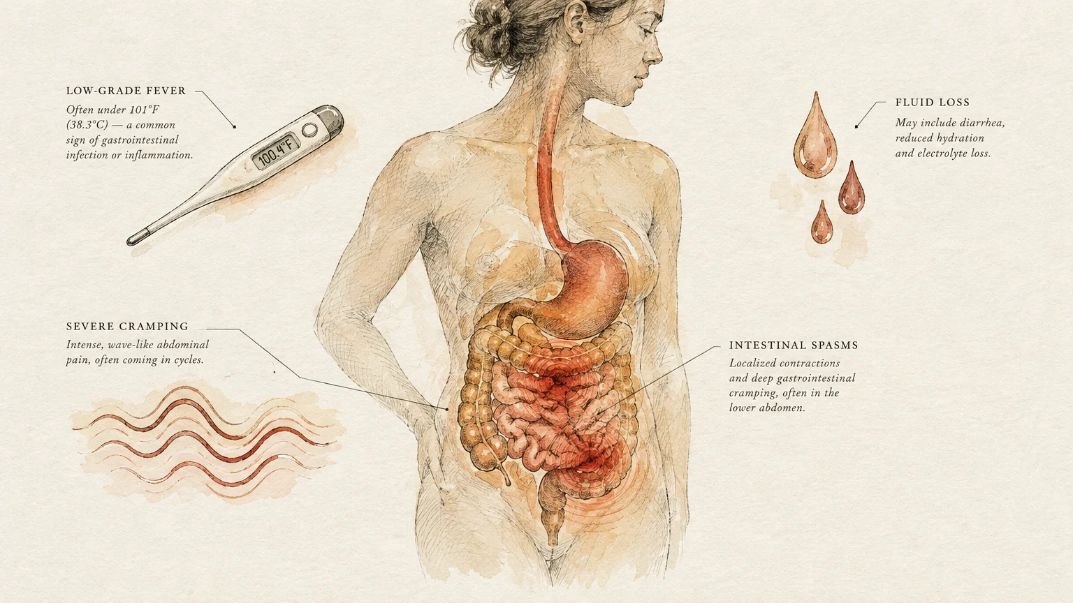 Medical sketch of a human digestive system with callouts for low-grade fever, fluid loss, severe cramping, and spasms.
