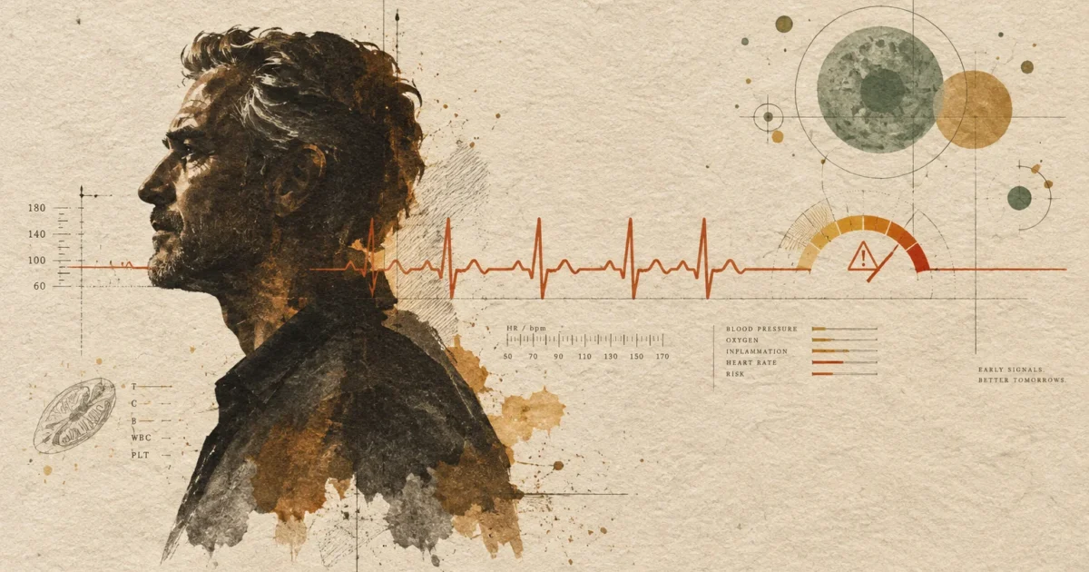 Illustration of a man's profile alongside an ECG heartbeat line, warning gauge, and medical diagrams on textured paper.