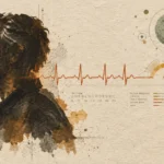 Illustration of a man's profile alongside an ECG heartbeat line, warning gauge, and medical diagrams on textured paper.