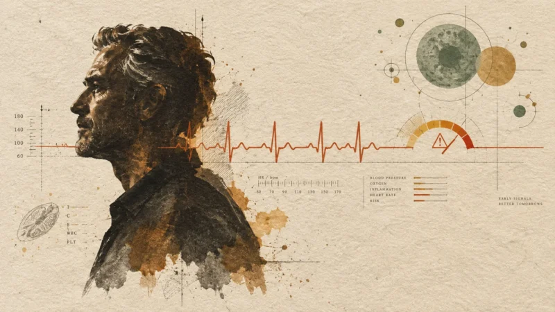 Illustration of a man's profile alongside an ECG heartbeat line, warning gauge, and medical diagrams on textured paper.
