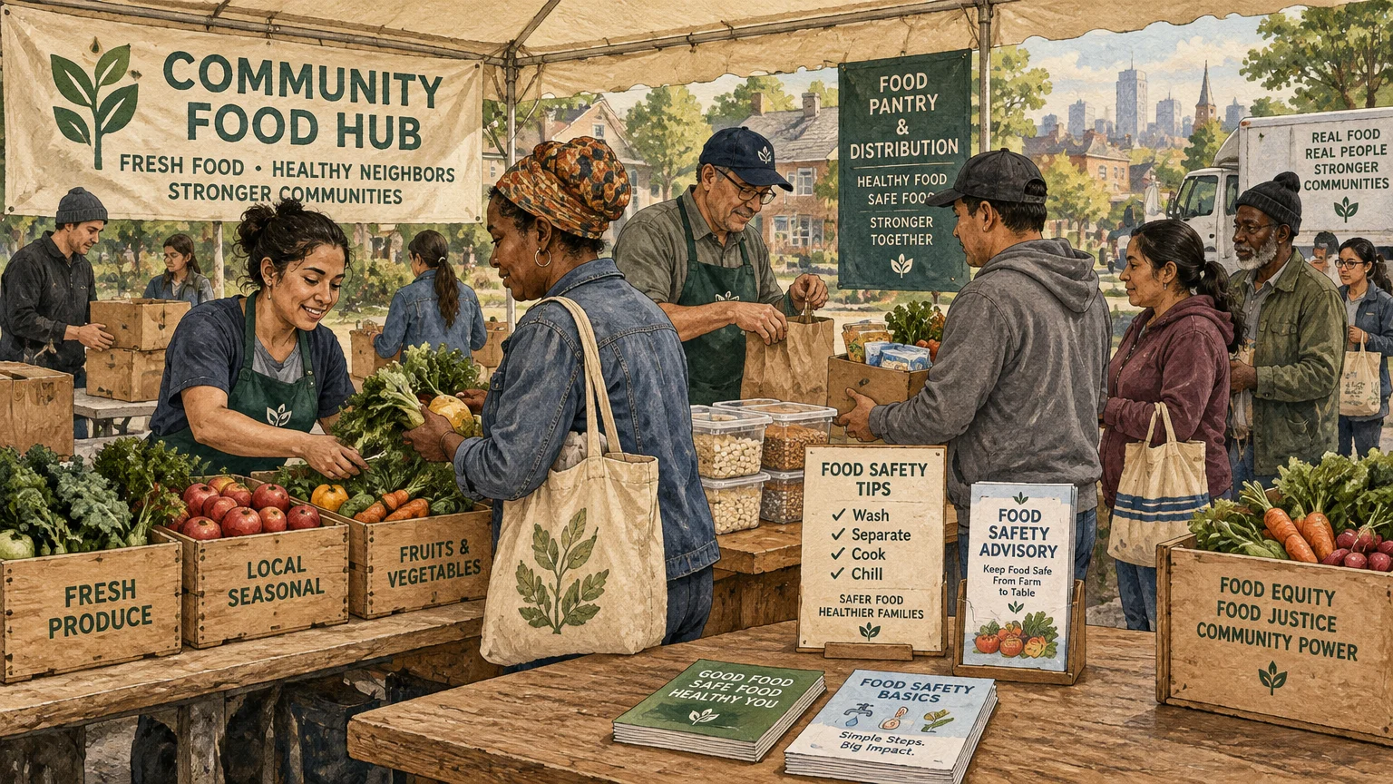 Illustration of volunteers handing out produce and safety pamphlets at an outdoor community food hub distribution tent.