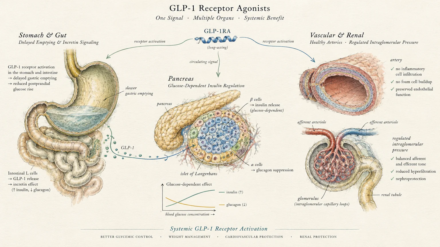 Diagram of GLP-1 pathways across the stomach, pancreas, cross-section of an artery, and a kidney glomerulus.