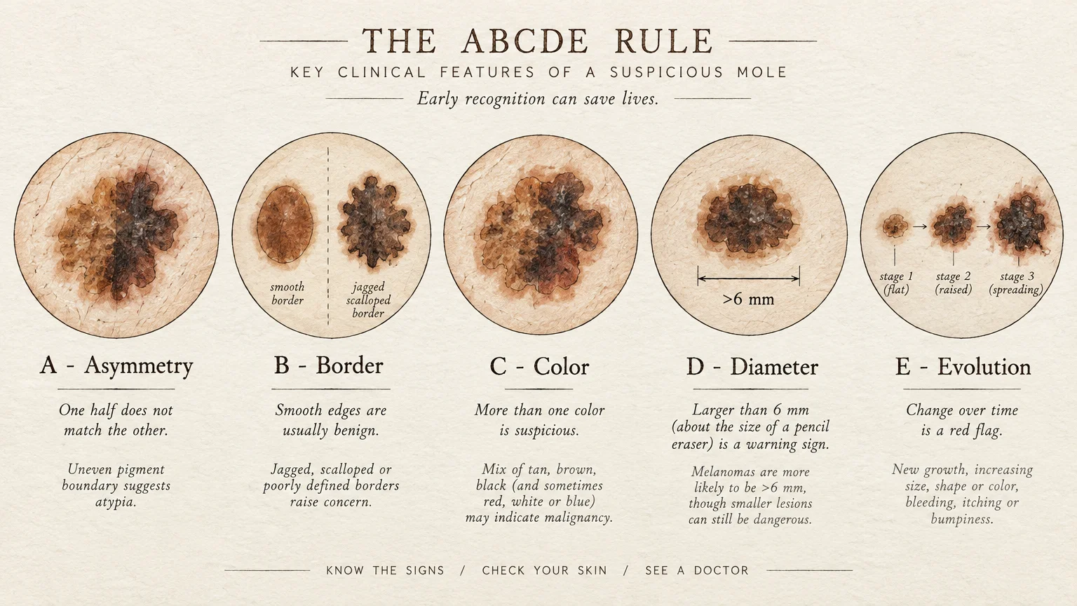 Chart illustrating the ABCDE rule for suspicious moles: asymmetry, border, color, diameter, and evolution.