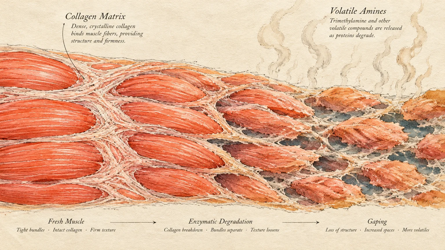 Scientific diagram showing salmon muscle fibers degrading from tight collagen bundles into separated, gaping tissue with vapors.