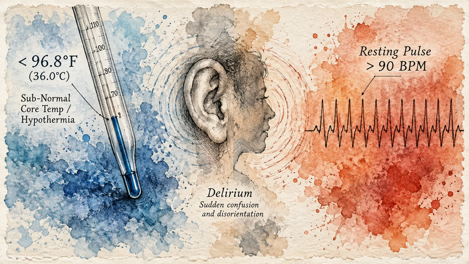 Watercolor medical diagram showing a thermometer, a sketched human head labeled delirium, and a rapid pulse heart rate line.