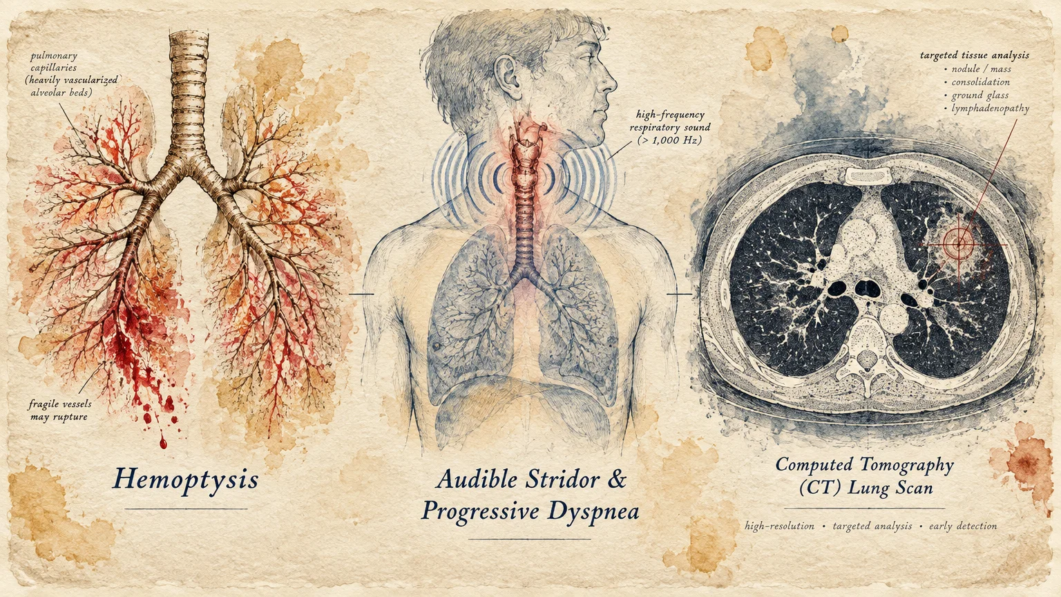 Medical illustration of lungs showing hemoptysis, an upper body diagram of stridor, and a cross-sectional CT lung scan.