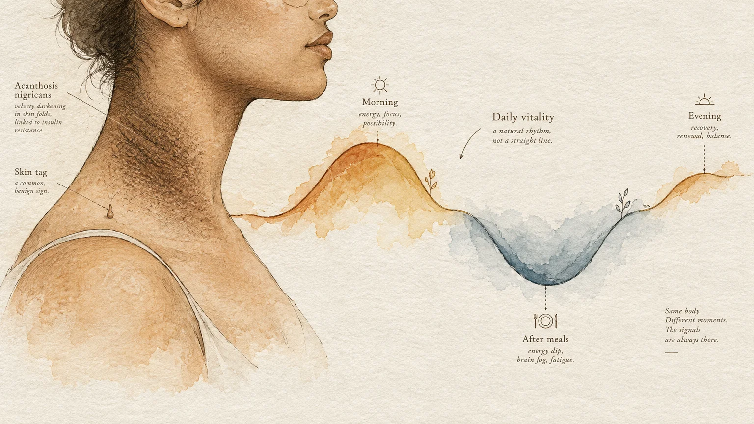 Watercolor illustration of a person's neck showing darkened skin and skin tags beside a daily vitality wave graph.