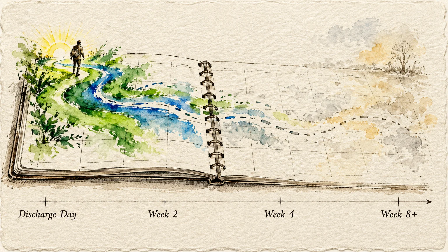 Watercolor calendar showing a vibrant landscape path at discharge day fading into barren footprints by week eight.